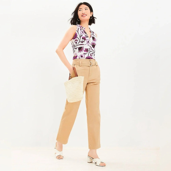 LOFT Belted Straight Pants in Twill Casual Career NWT Size 6 - Picture 1 of 10